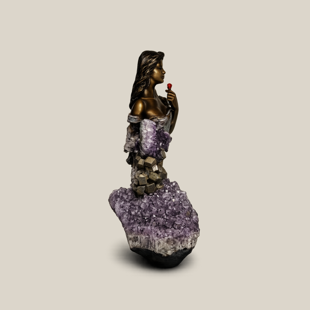 Essence Bronze Bust with Amethyst & Pyrite Crystal Base