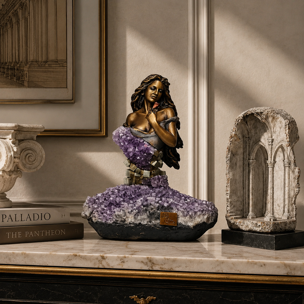 Essence Bronze Bust with Amethyst & Pyrite Crystal Base