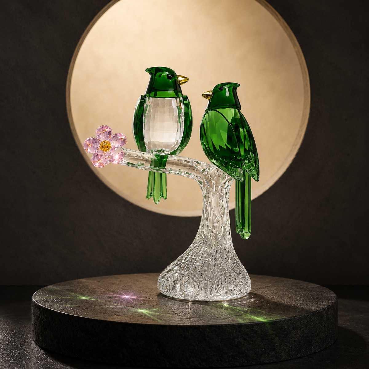 Sparrows in Bloom Crystal Sculpture (Green)