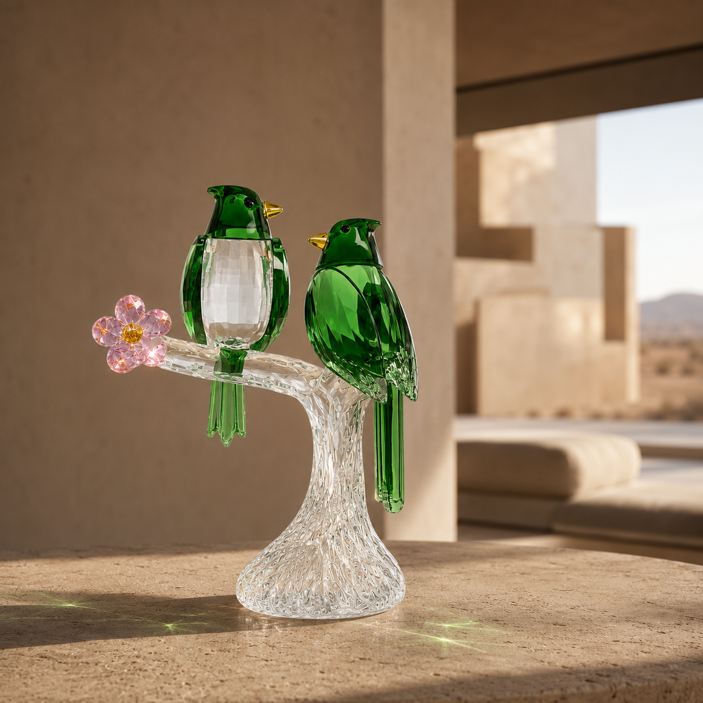 Sparrows in Bloom Crystal Sculpture (Green)