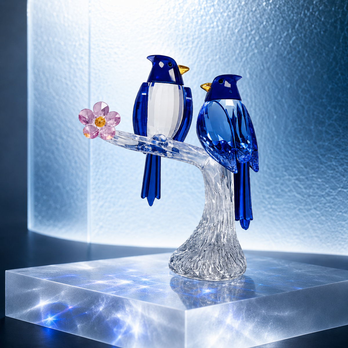 Sparrows in Bloom Crystal Sculpture (Blue)
