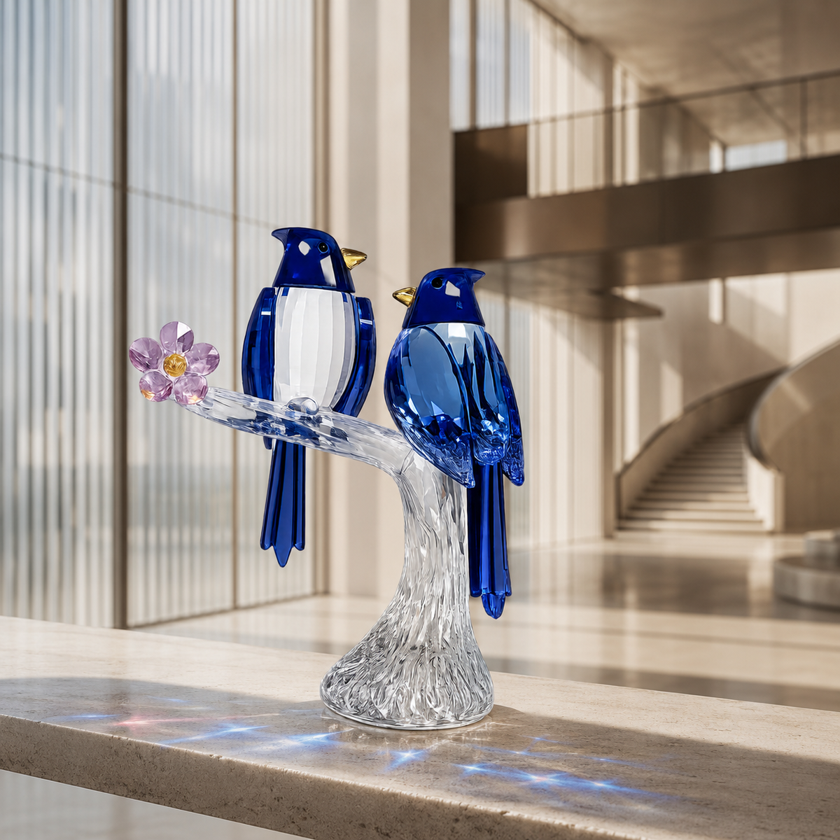 Sparrows in Bloom Crystal Sculpture (Blue)