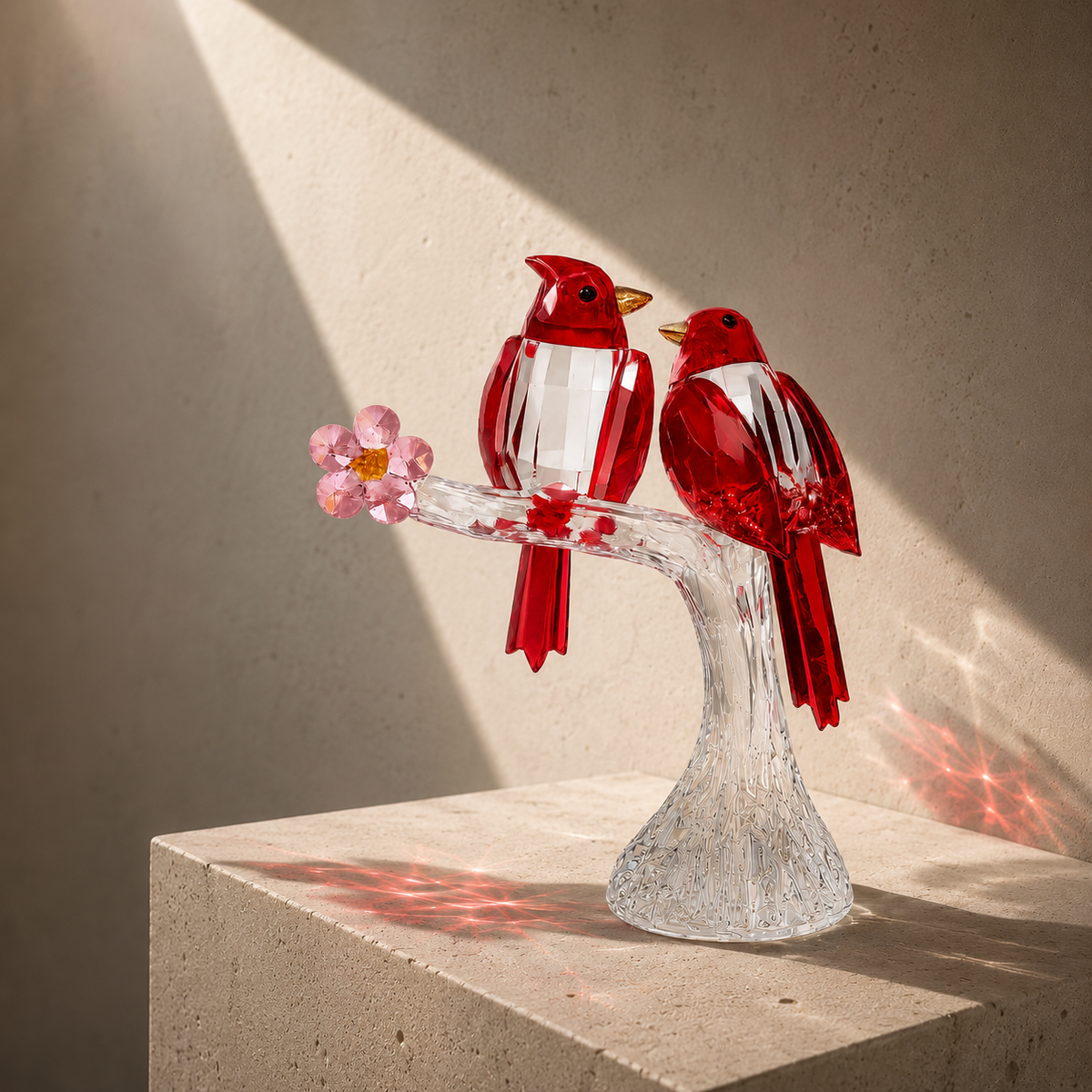 Sparrows in Bloom Crystal Sculpture (Red)
