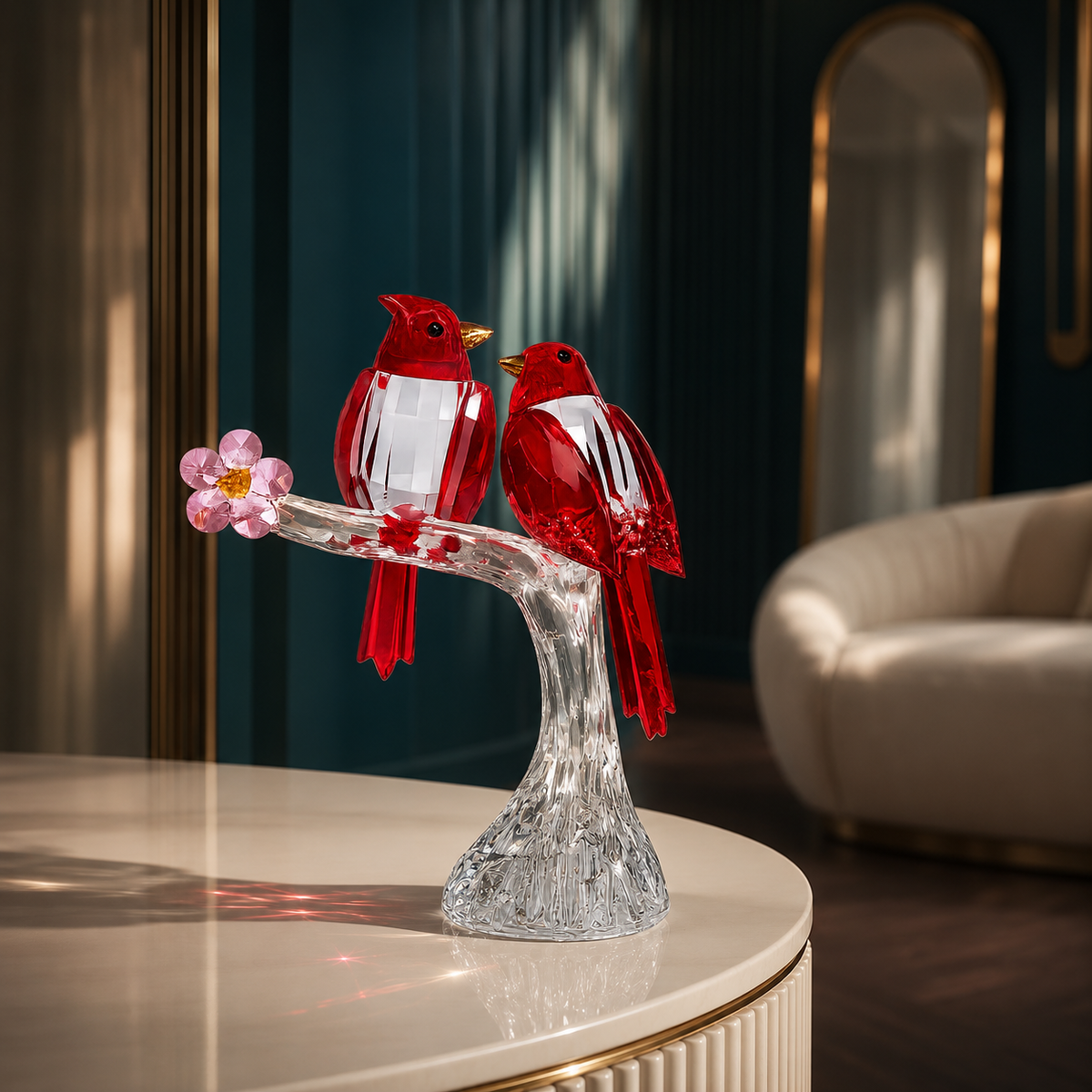 Sparrows in Bloom Crystal Sculpture (Red)