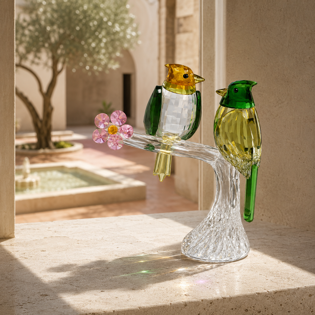 Sparrows in Bloom Crystal Sculpture (Yellow-Green)