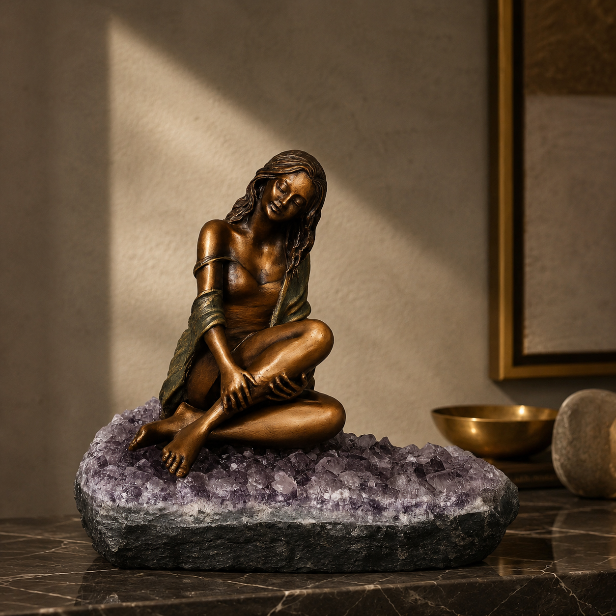 Mar Serenity Bronze Patina Sculpture on Amethyst Base
